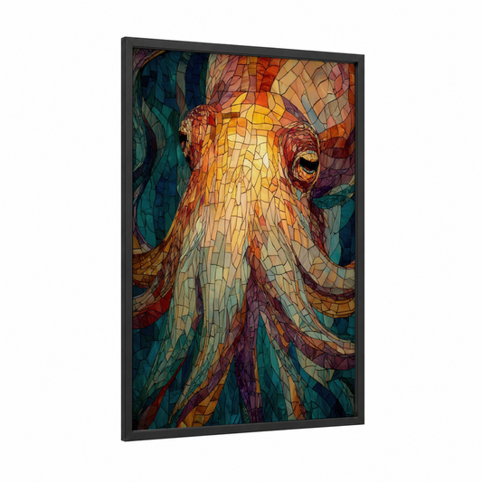 Mosaic Squid framed art print — black wood frame — gold and teal palette