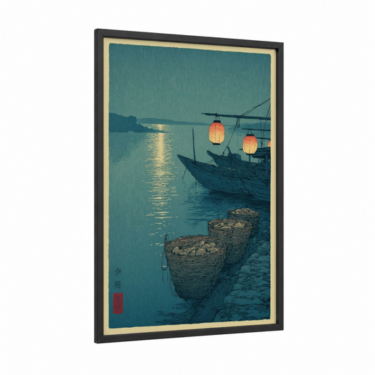 Evening Harbor Catch framed seafood print — black wood frame — teal and gold palette