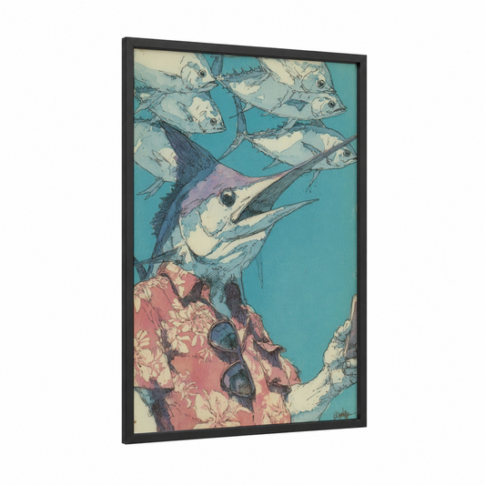 Tropical Marlin framed art print — black wood frame — teal and peach palette