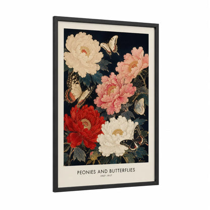 Peonies and Butterflies Wall Art framed peony print — black wood frame — red and pink palette