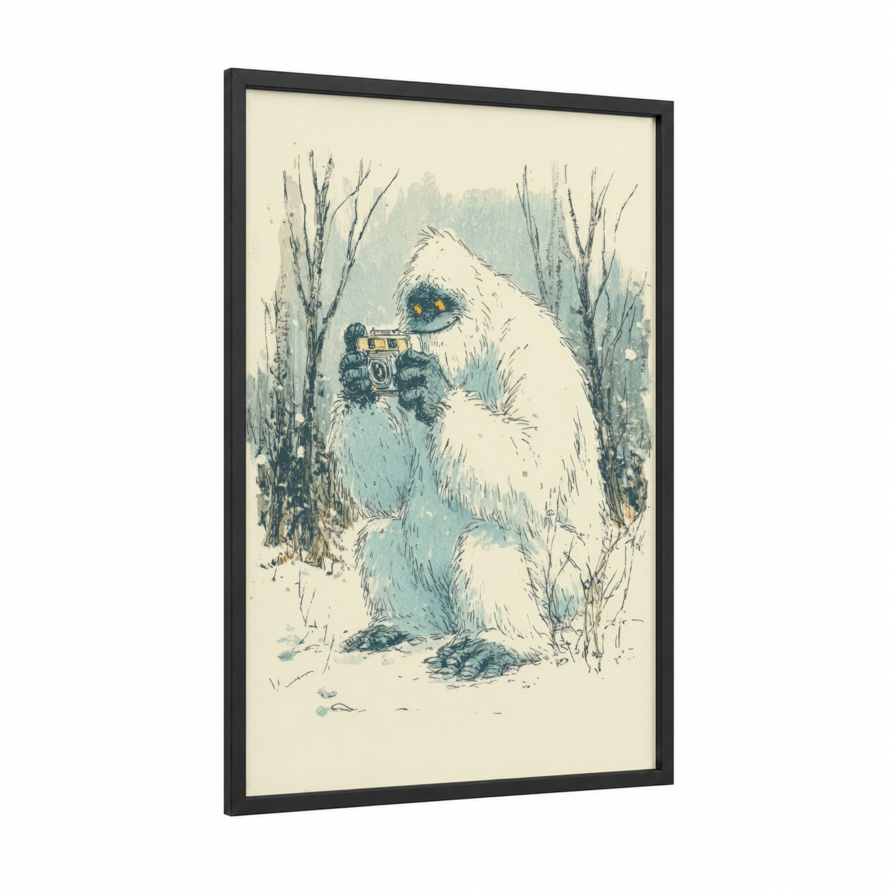 Snowy Yeti Photographer framed art print — black wood frame — blue and white and cream palette