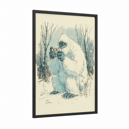 Snowy Yeti Photographer framed art print — black wood frame — blue and white and cream palette