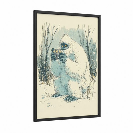 Snowy Yeti Photographer framed art print — black wood frame — blue and white and cream palette