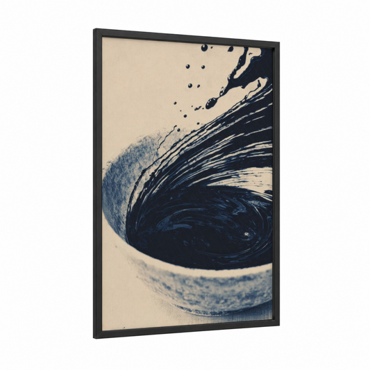 Swirling Ink Condiment framed condiments print — black wood frame — black and white and dark blue palette