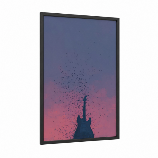 Sunset Guitar Dissolve framed electric guitar print — black wood frame — pink and blue palette