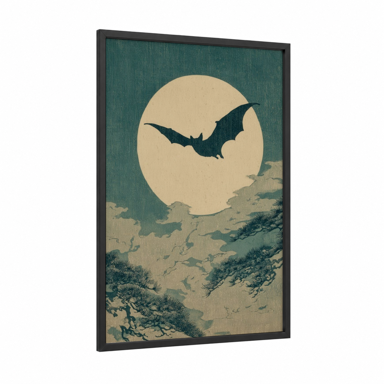 Moonlit Bat framed art print — black wood frame — teal and cream palette
