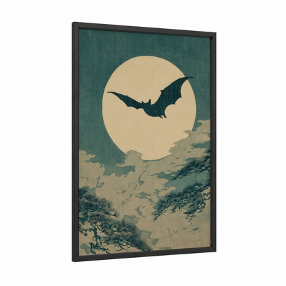 Moonlit Bat framed art print — black wood frame — teal and cream palette