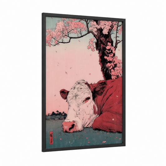 Serene Angus framed angus cow print — black wood frame — pink and gray palette
