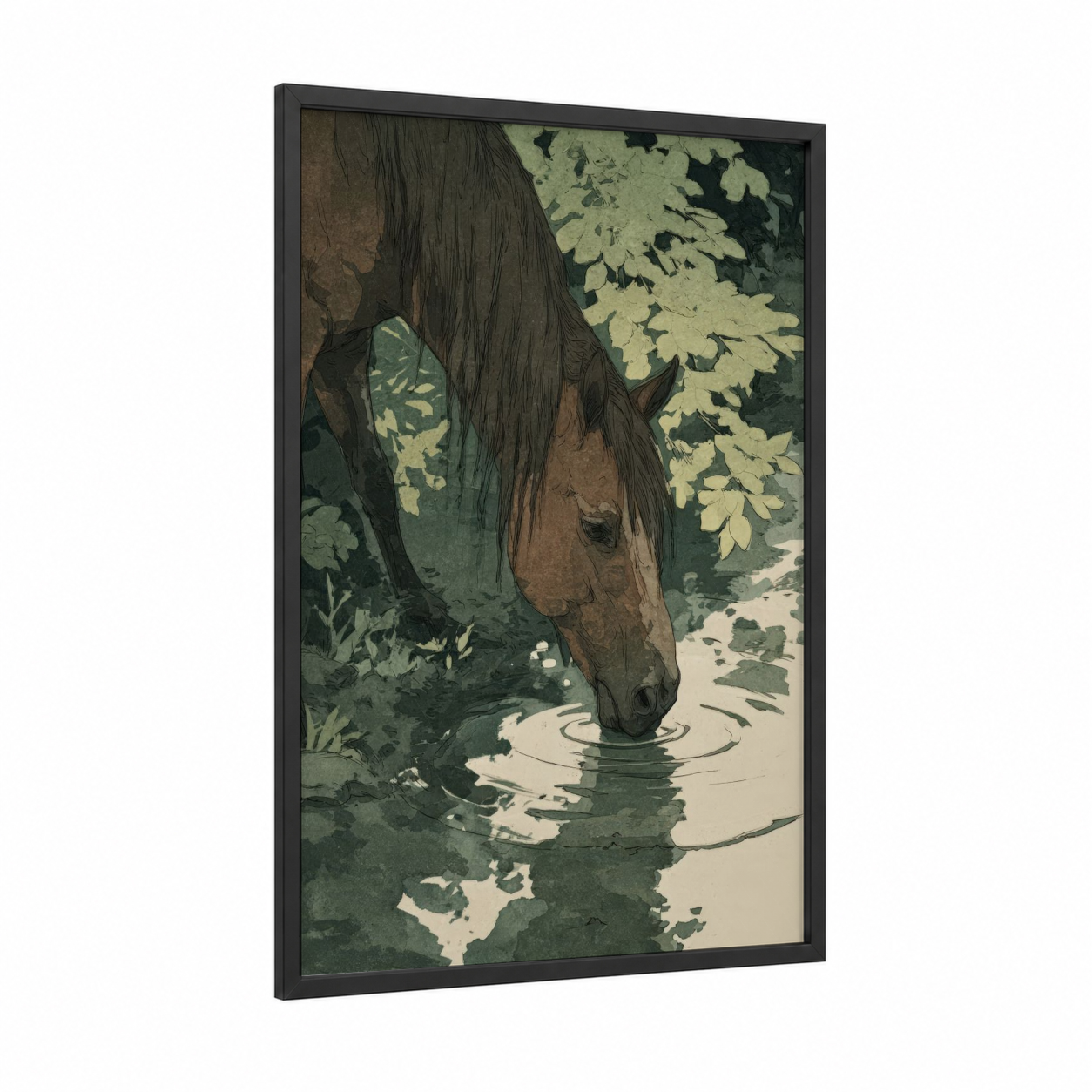 Woodland Horse Drink framed horseback print — black wood frame — dark green and brown palette