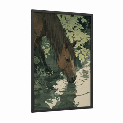 Woodland Horse Drink framed horseback print — black wood frame — dark green and brown palette