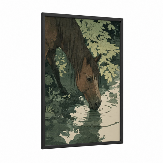 Woodland Horse Drink framed horseback print — black wood frame — dark green and brown palette