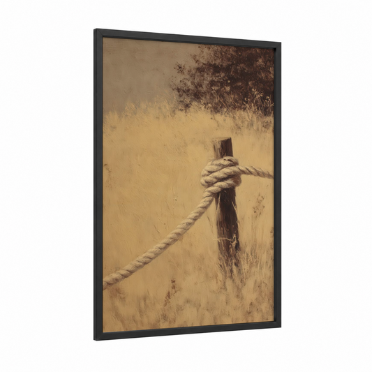 Weathered Rope Post framed rope knots print — black wood frame — gold and brown palette