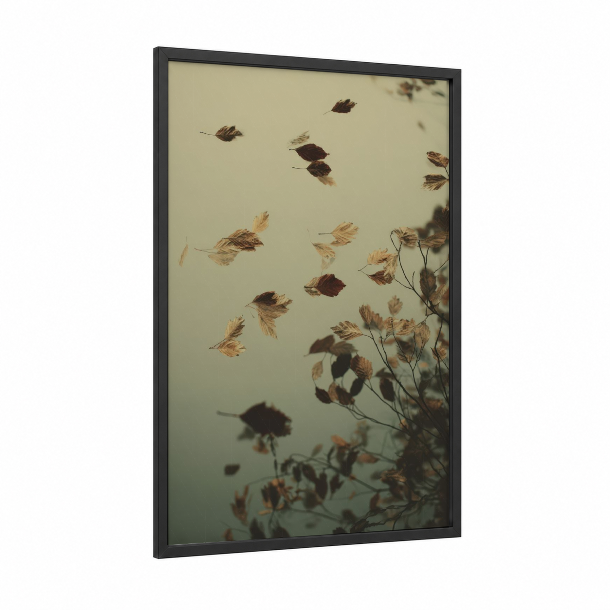 Falling Leaves framed leaf print — black wood frame — cream and brown palette