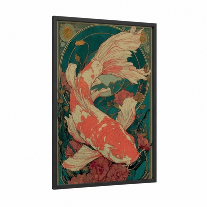 Crimson Koi Dance framed koi fish print — black wood frame — teal and salmon pink palette