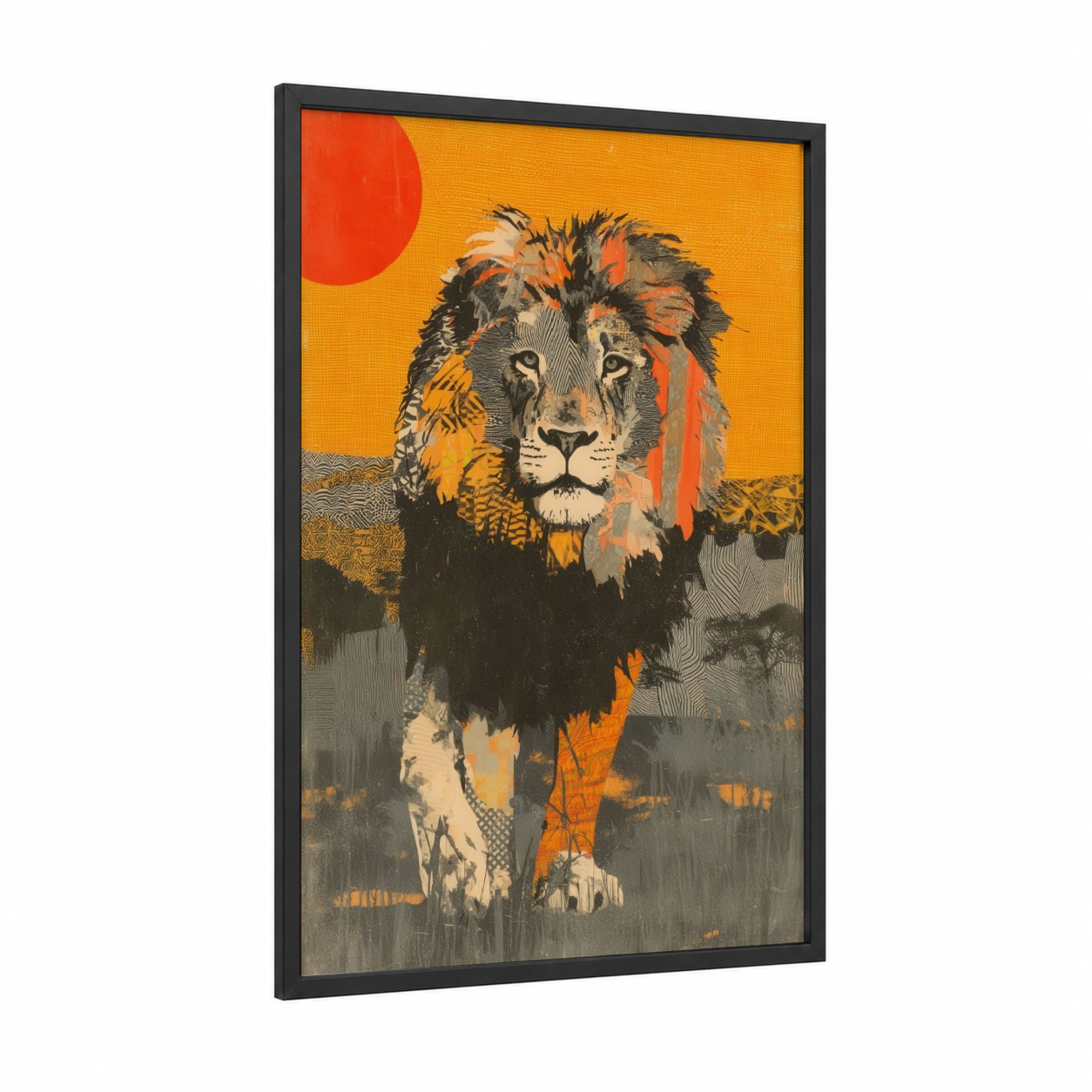 Sunset Lion framed art print — black wood frame — orange and gold palette