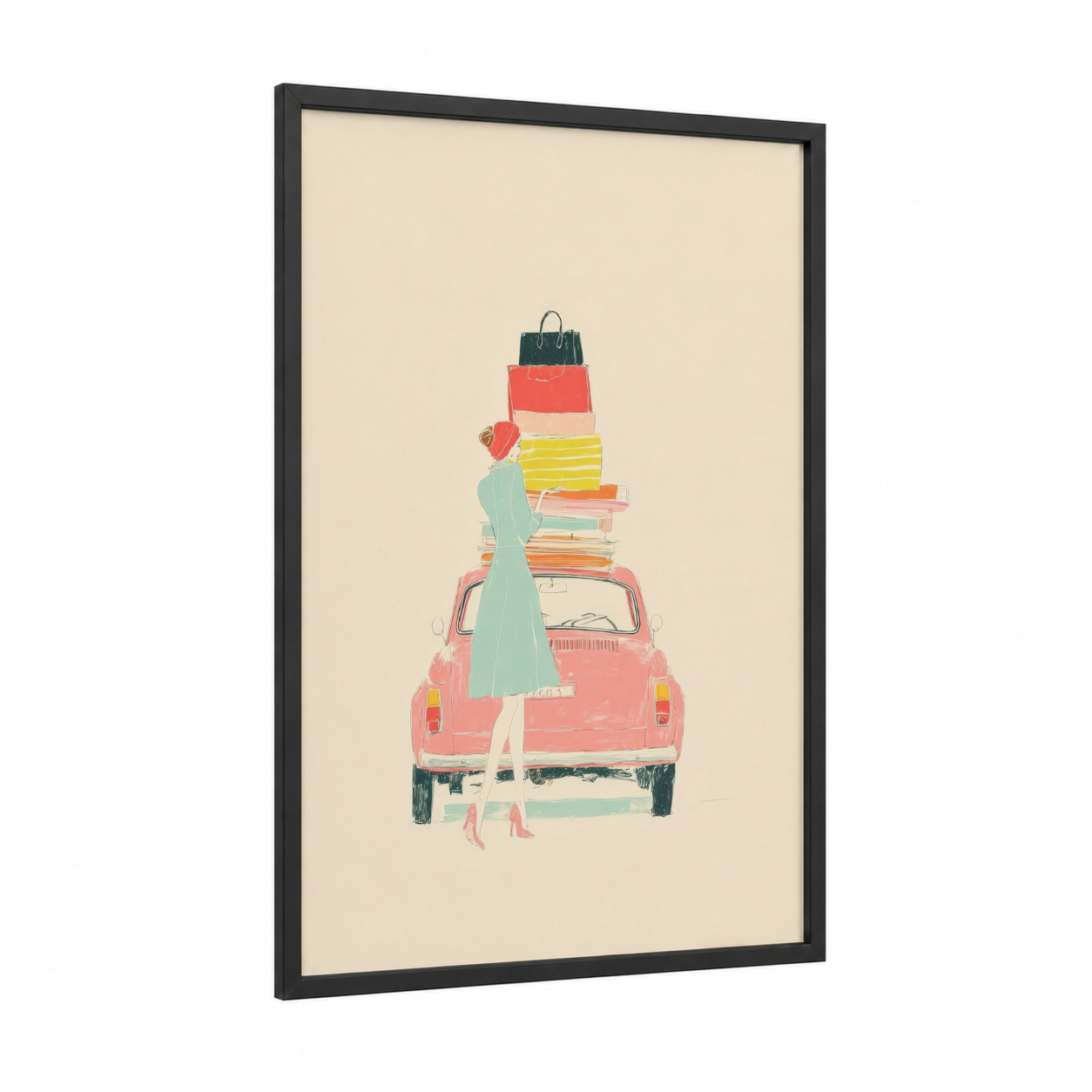 Shopping Adventure framed fashion illustration print — black wood frame — green palette