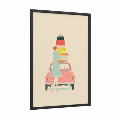 Shopping Adventure framed fashion illustration print — black wood frame — green palette