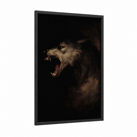 Snarling Werewolf framed art print — black wood frame — black and russet palette