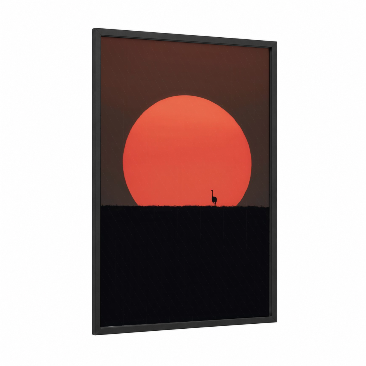 Crimson Sunset Ostrich framed art print — black wood frame — red and black palette