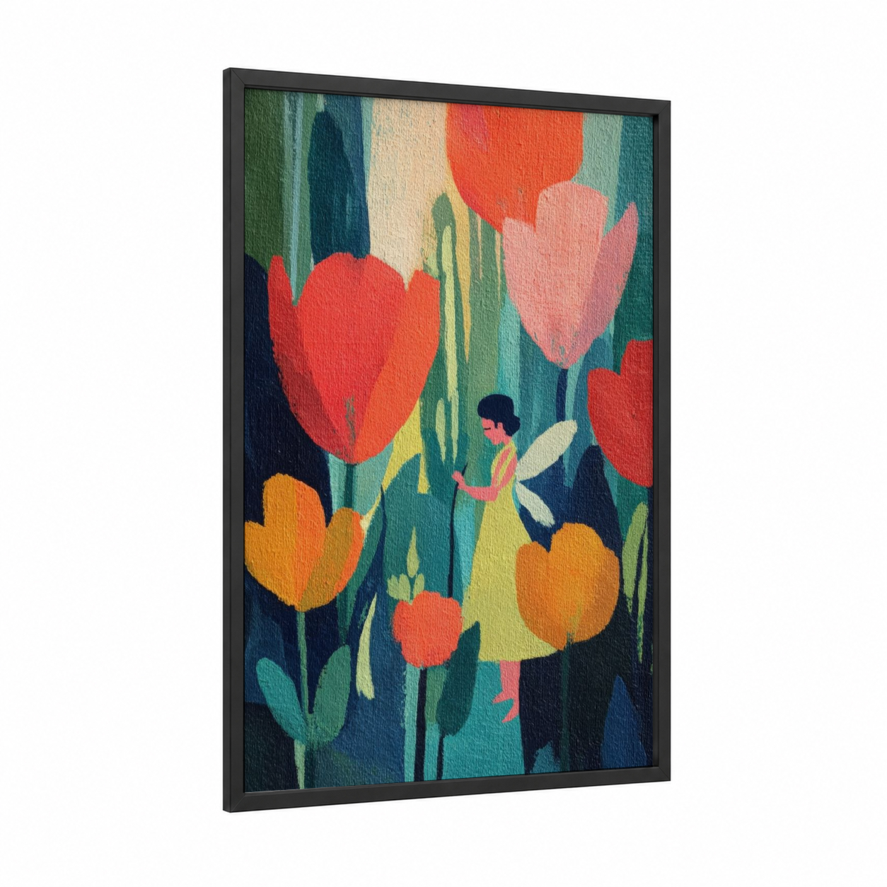 Tulip Garden Fairy framed art print — black wood frame — red and teal palette