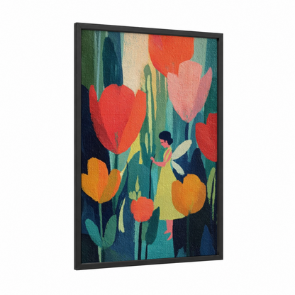 Tulip Garden Fairy framed art print — black wood frame — red and teal palette