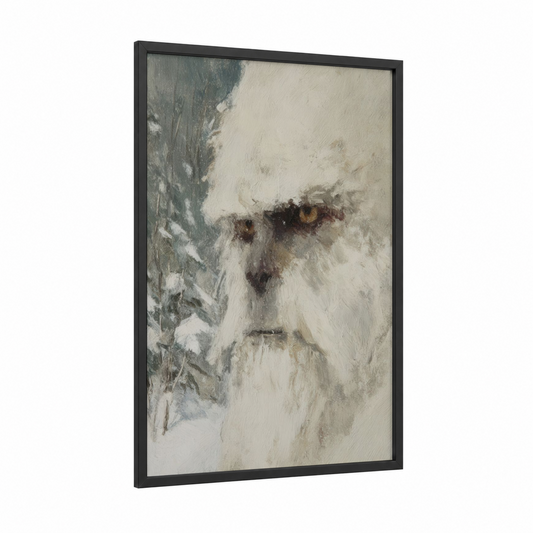 Snowy Yeti framed art print — black wood frame — white and gray palette