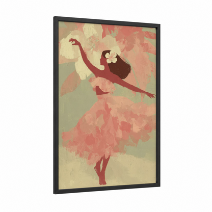 Graceful Hula Dancer framed art print — black wood frame — cream and salmon pink palette