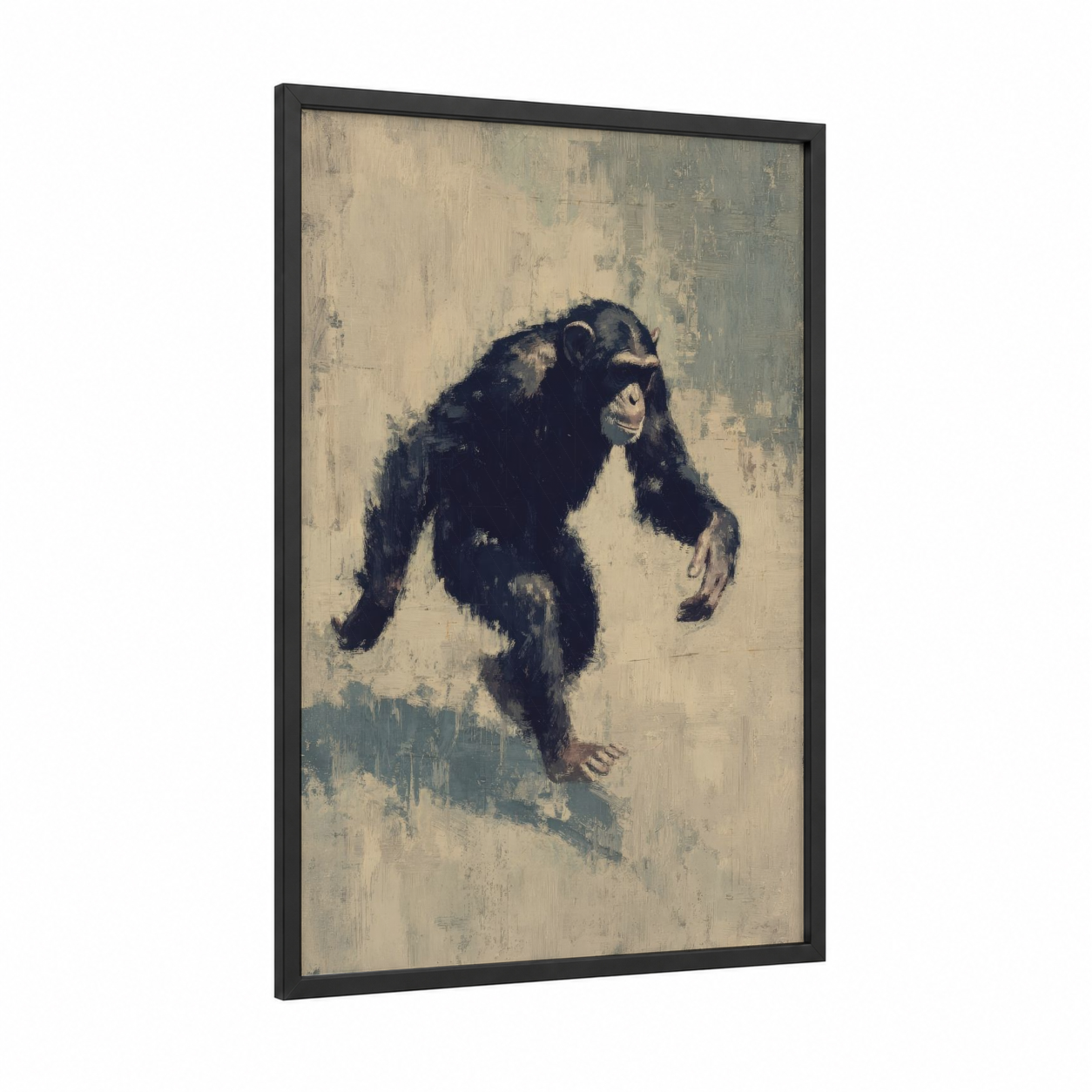 Contemplative Chimpanzee framed art print — black wood frame — beige and black palette