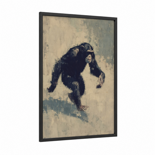 Contemplative Chimpanzee framed art print — black wood frame — beige and black palette
