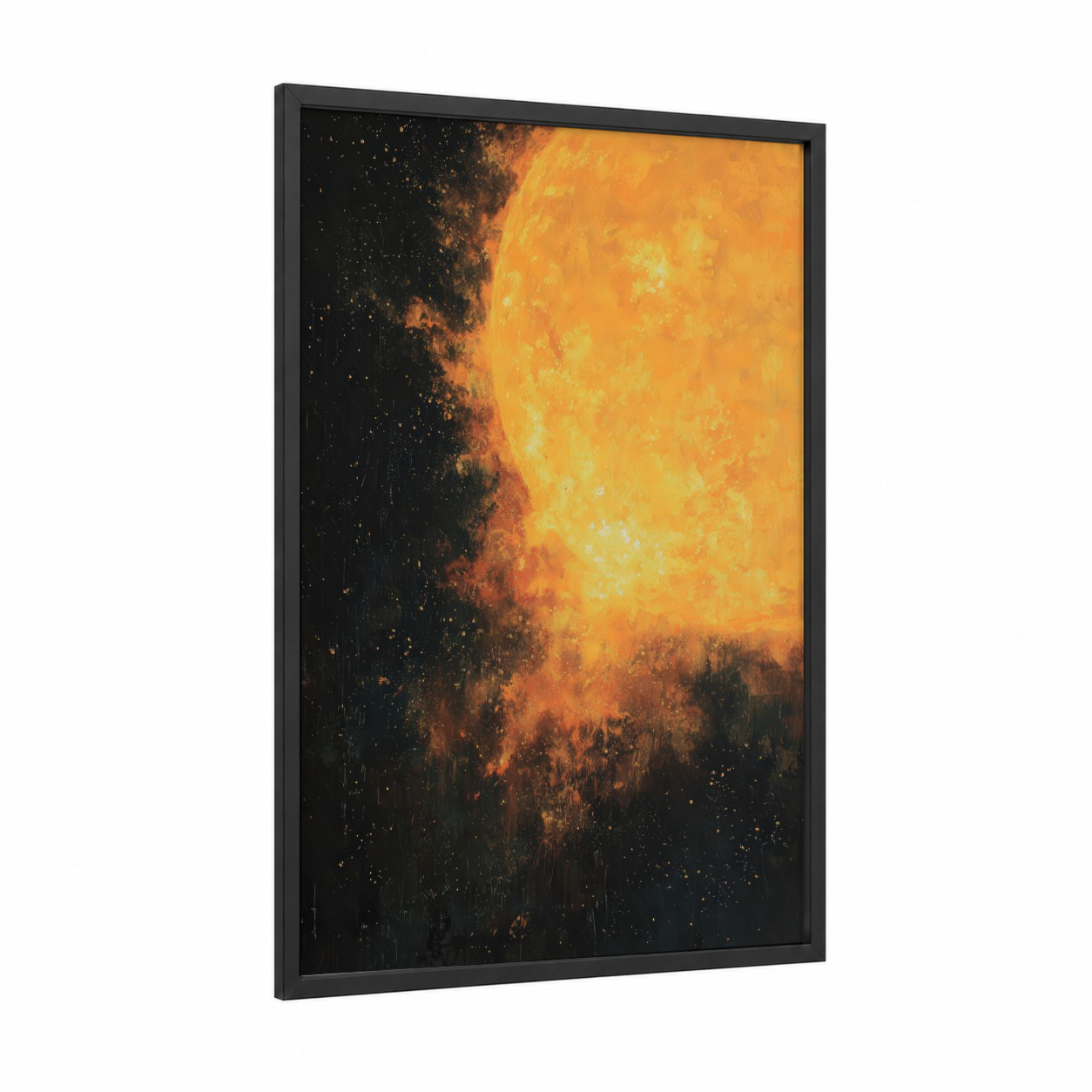 Cosmic Sun Rise framed star print — black wood frame — gold and black palette