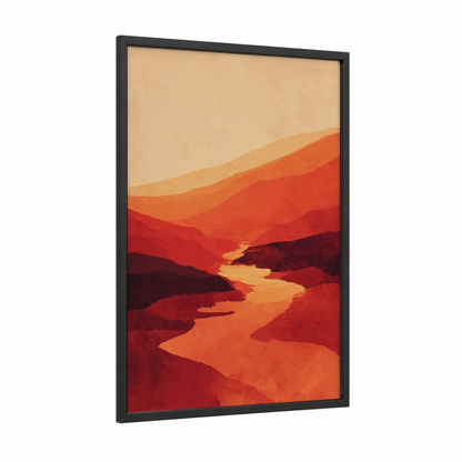 Crimson Canyon framed art print — black wood frame — red and gold palette