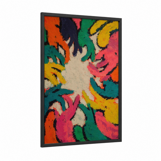 Radiant Squid framed art print — black wood frame — magenta and true green palette