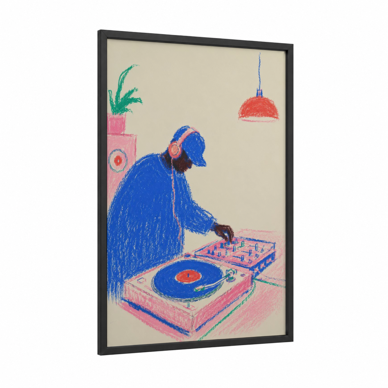 DJ Turntable Music Studio Wall Art framed vinyl records print — black wood frame — blue and pink palette