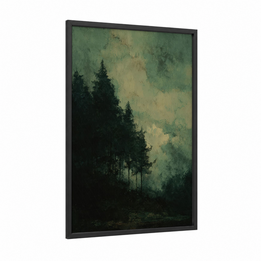 Misty Cedar Forest framed art print — black wood frame — dark green and cream palette