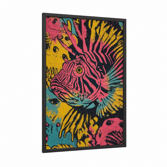 Neon Lionfish framed art print — black wood frame — magenta and yellow gold palette