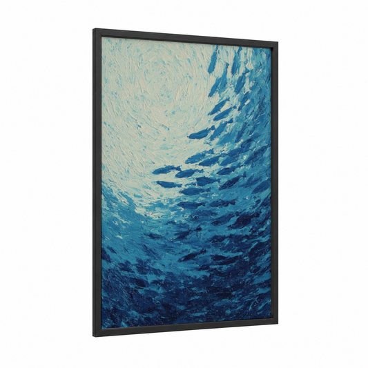 Underwater Descent framed snorkeling print — black wood frame — blue and white palette