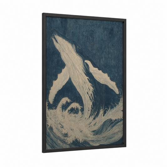 Breaching Whale framed woodcarving print — black wood frame — dark blue and cream palette