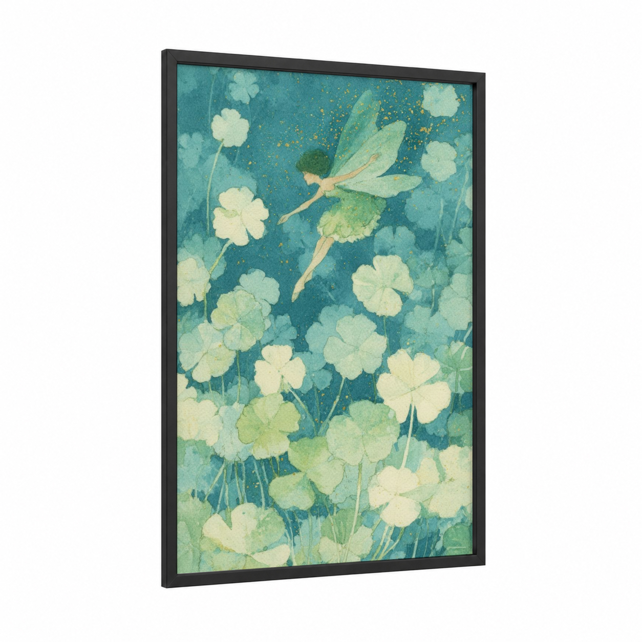Clover Fairy Dreams framed st. patrick's day print — black wood frame — teal and cream palette