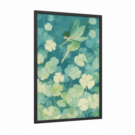 Clover Fairy Dreams framed st. patrick's day print — black wood frame — teal and cream palette