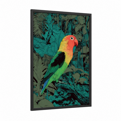 Tropical Parrot Portrait framed safari parrots print — black wood frame — true green and orange palette