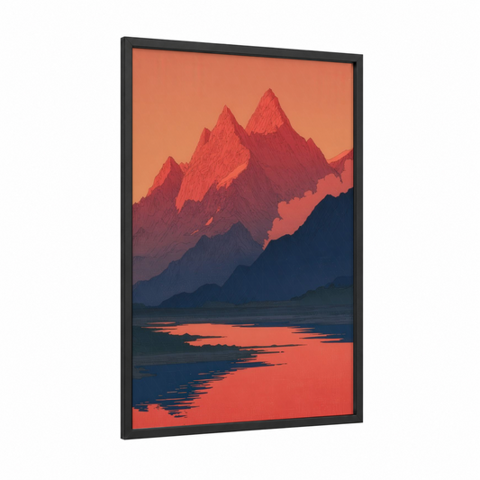 Crimson Mountain Sunset framed the sun print — black wood frame — orange and dark blue palette