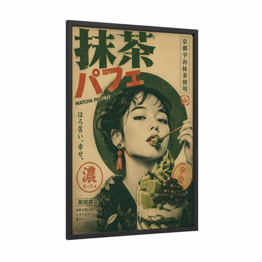 Vintage Japanese Matcha Parfait Advertisement Wall Art framed vintage japanese ads print — black wood frame — green and beige palette