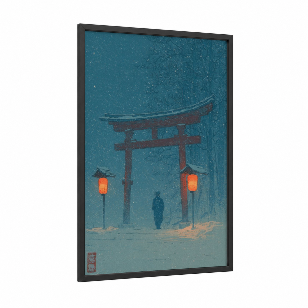 Snowy Shrine Ghost framed art print — black wood frame — teal and orange palette