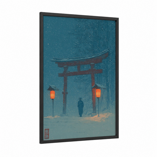 Snowy Shrine Ghost framed art print — black wood frame — teal and orange palette