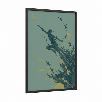 Aerial Tennis Leap framed art print — black wood frame — sage green and yellow gold palette