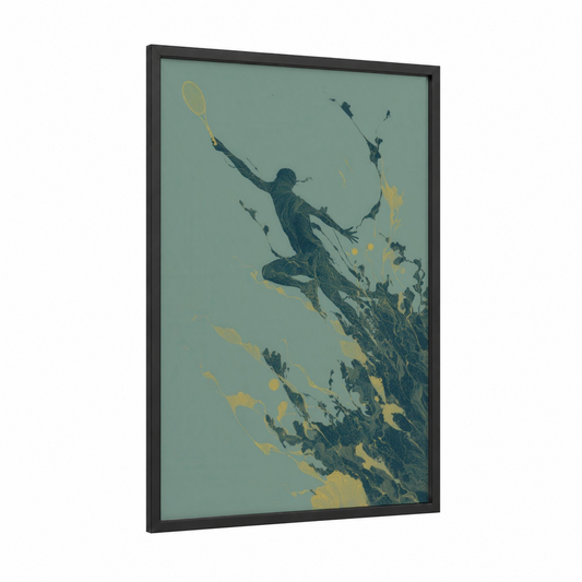 Aerial Tennis Leap framed art print — black wood frame — sage green and yellow gold palette