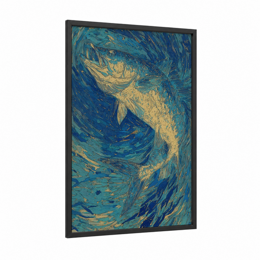 Golden Tarpon framed art print — black wood frame — blue and gold palette