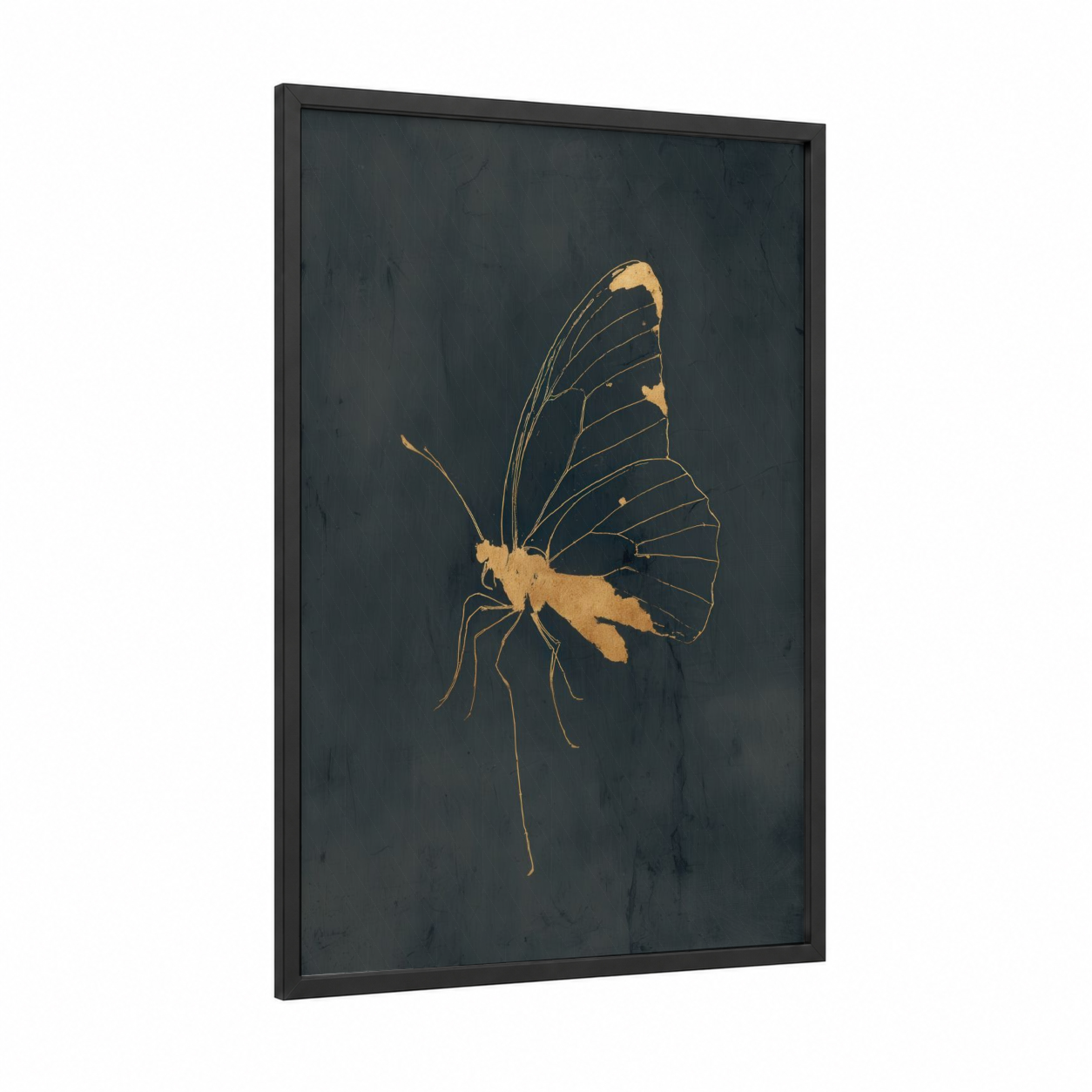Golden Butterfly framed art print — black wood frame — gold and black palette