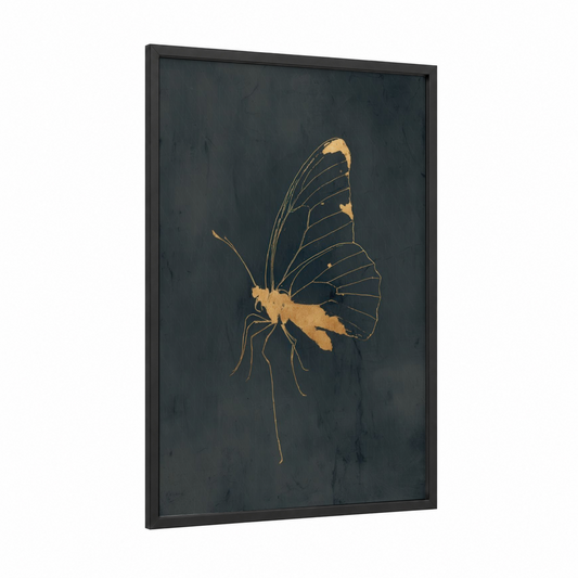 Golden Butterfly framed art print — black wood frame — gold and black palette