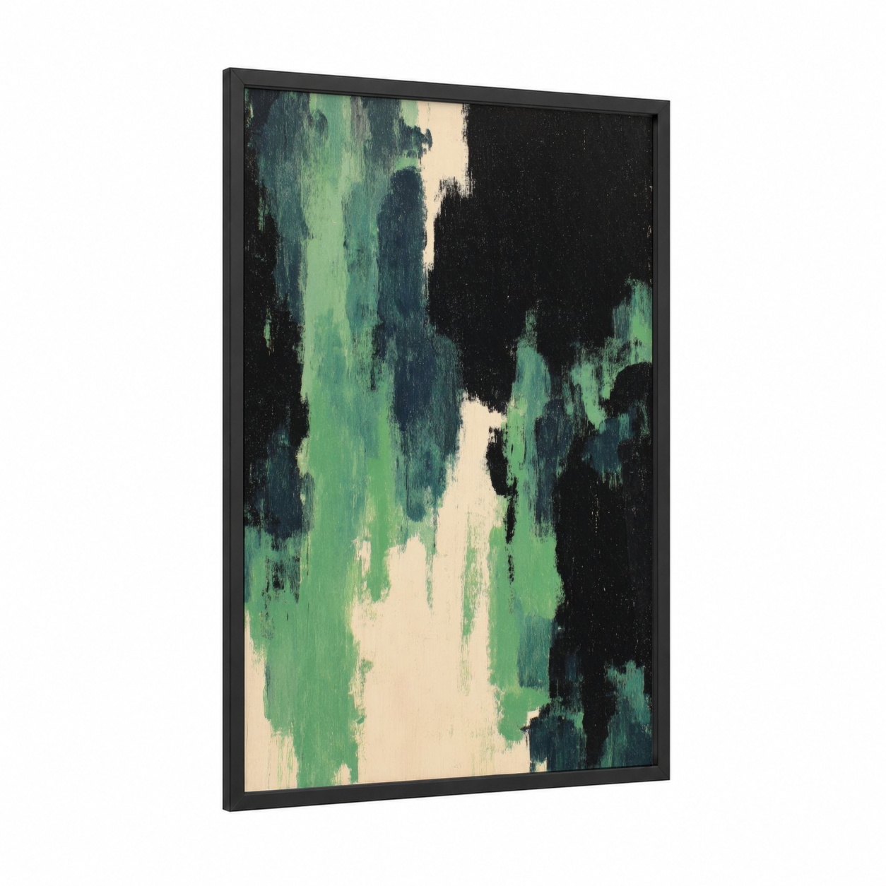 Emerald Abstraction framed abstract expressionism print — black wood frame — light green and black palette